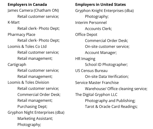 list of previous employers in the USA and Canada